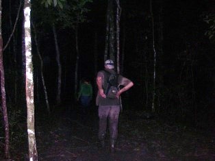 three people walking on the trail from behind in the dark